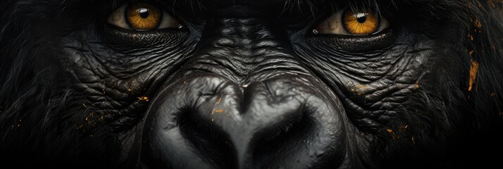 An image of a gorilla with emphasis on its expressive eyes. - obrazy, fototapety, plakaty