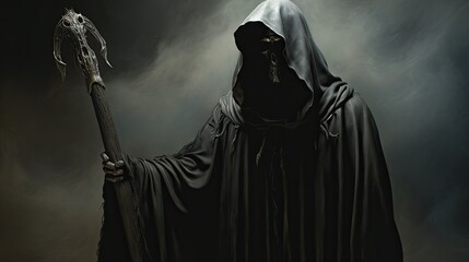 Fototapeta na wymiar An image of a grim reaper dressed in dark clothes and holding a sharp scythe in his hands.