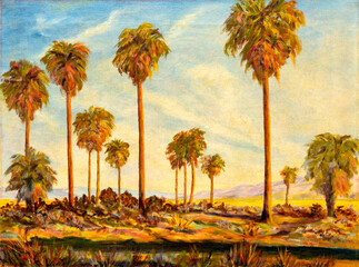 Vintage oil painting a southwest desert landscape with palm trees and mountains in the background. Traditional landscape painting. Impressionism. Art.