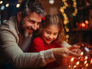 Generative AI : Smiling man with daughter touching christmas ornaments at home