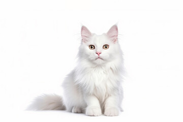 a White Maine coon kitten in front of a white background. 