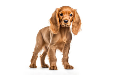 a long hair puppy Cocker Spaniel dog in front of a white background. 