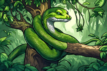 Obraz premium On the branch of a large tree in a forest there is a green python coiled around while looking at its prey.Comic style Generative AI