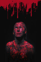 Halloween concept of bloody woman in spooky dark hell background of blood splattered - obrazy, fototapety, plakaty