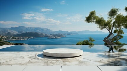 青い海と青い空が広がる場所の商品の展示台