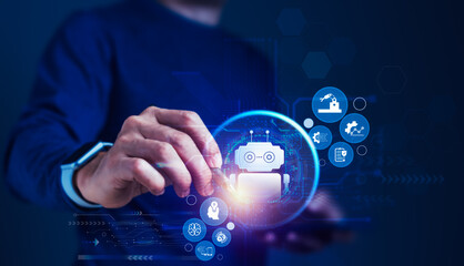 Man Touching Robotic Process Automation Icons on Smartphone, Shaping the Future of Business