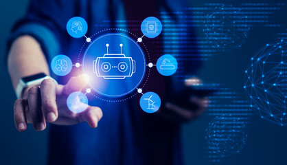 Man Touching Robotic Process Automation Icons, A Glimpse into the Future of Business