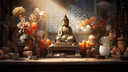 Altars or shrines adorned with significant objects for meditation showcase their exquisite beauty - Powered by Adobe