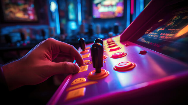 Hands of a player gripping the joystick and buttons on an arcade machine