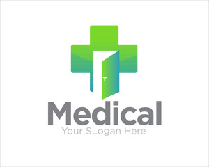 medical service with cross and open the door figure logo for health service