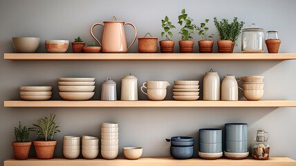 Fototapeta na wymiar Wall shelves in the kitchen storing cooking utensils and pots