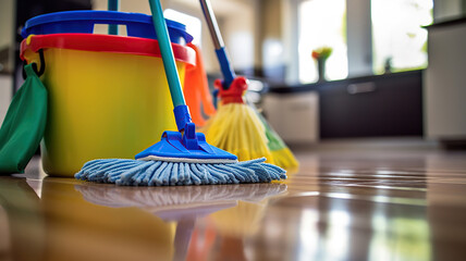 Mops and buckets are displayed on the floor against the backdrop of the living room