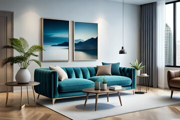 Mockup frame close up in modern living room interior, 3d render