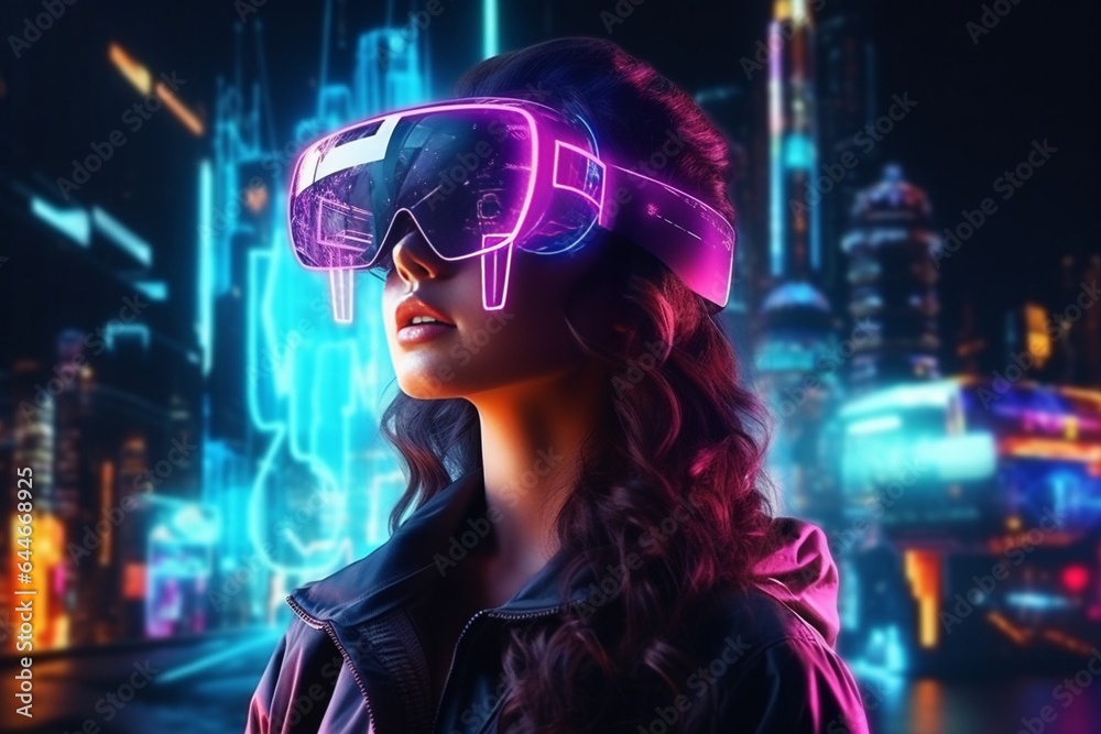 Poster generative ai : woman in virtual reality goggle in neon colors.