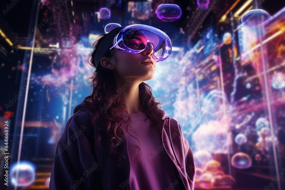 Poster generative ai : woman in virtual reality goggle in neon colors.