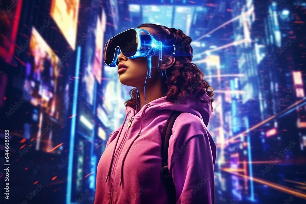 Poster generative ai : woman in virtual reality goggle in neon colors.