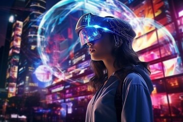 Generative AI : Woman in virtual reality goggle in neon colors.