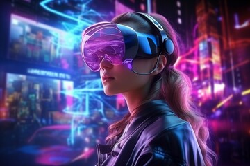 Generative AI : Woman in virtual reality goggle in neon colors.