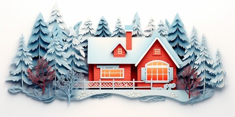 Generative AI : White cut papercrafts paper crafts detailed christmas cottage snow trees lights