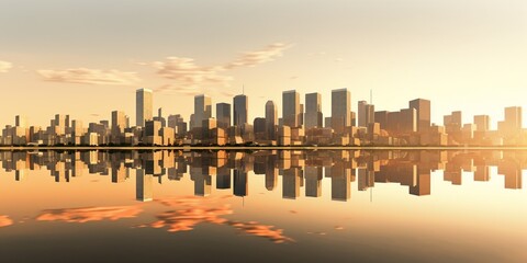 Generative AI : Cubical Mirror Cityscape with Skyline Symmetry and Desert Sunset Reflection