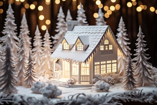 Generative AI : White cut papercrafts paper crafts detailed christmas cottage snow trees lights