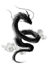 かっこいい筆絵の龍のイラスト（黒色で雲あり）