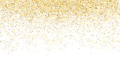 Confetti gold. Yellow shiny circles. Greeting card template. Luxury gold glitter. Sparkling dust decoration. Round confetti effect. Falling shiny elements. Vector illustration