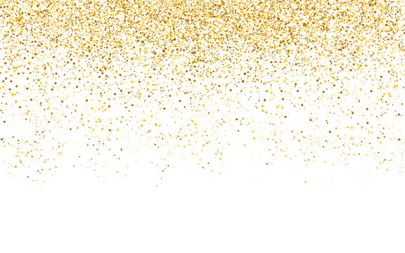 Confetti gold. Yellow shiny circles. Greeting card template. Luxury gold glitter. Sparkling dust decoration. Round confetti effect. Falling shiny elements. Vector illustration