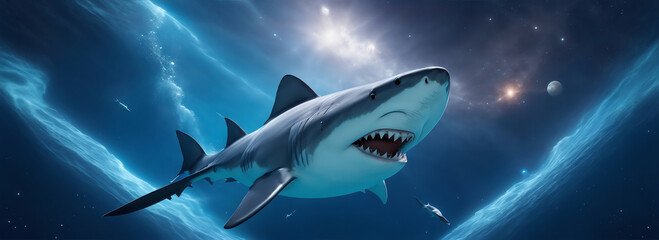 Shark swimming in outer space cosmos background from Generative AI