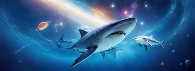 Shark swimming in outer space cosmos with planets background from Generative AI