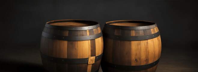 Wooden barrels floating in plain black background from Generative AI