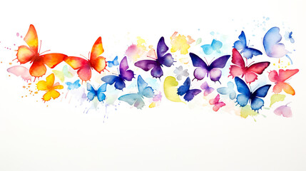 カラフルな蝶の群れの水彩イラスト