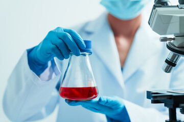 Fototapeta premium Close up dedicated hematology lab technician scrutinizing blood sample analysis under microscope, scientific laboratory research and drug testing concept, red color liquid