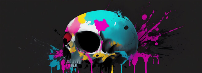 Colorful paint skull shaped splatter on plain black background from Generative AI