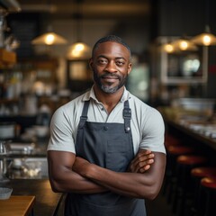 Portrait of man african american chef in grey apron standing at restaurant kitchen with crossed arms