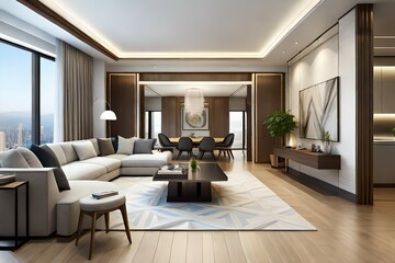Modern living room and kitchen room interior, luxury house, villa, 3d render. Modern living room