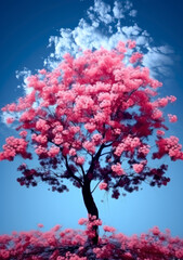 Cherry blossoms tree and petals with blue skies background. 