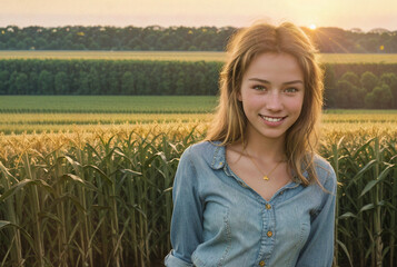 Portrait of girl smiling in field at sunset, agriculture