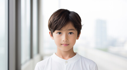 白く明るい窓を背景に、白い服を着て一人で写真に写る日本人の少年