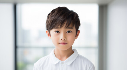 白く明るい窓を背景に、白い服を着て一人で写真に写る日本人の少年 - obrazy, fototapety, plakaty