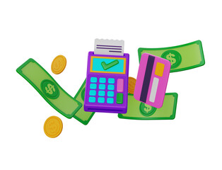 3D cartoon style credit card payment terminal machine with card and money in bills and coins, on transparent background