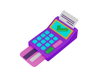 3D cartoon style illustration credit card payment terminal machine with credit card on a transparent background