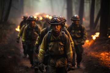 Fototapeta premium Team of fireman walking through fire on ground