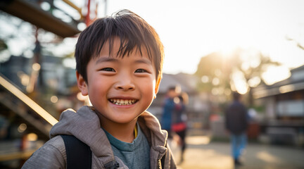 公園の遊具で楽しそうに遊ぶ小学生男子