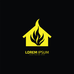 Fire home with fire flame logo isolated on black background