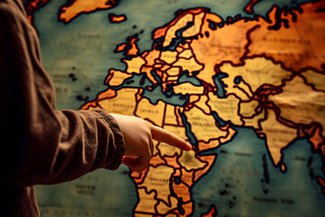 Close-up view of a child’s index finger pointing toward a world map