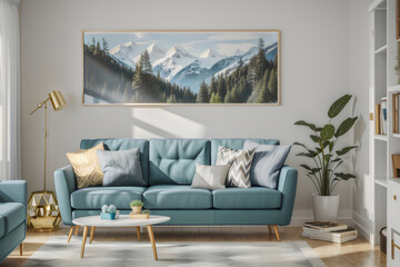 A living room with a couch and a picture on the wall