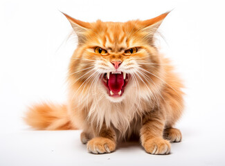 Angry orange cat screaming with its mouth wide open. Angry kitten ferociously hissing. 