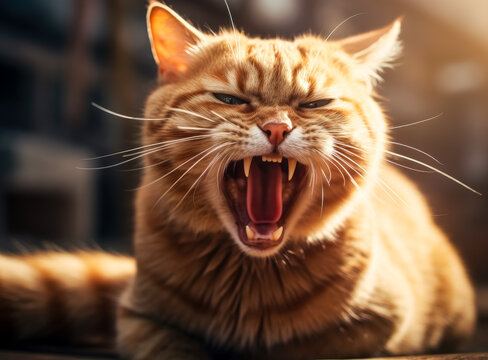 Angry orange cat screaming with its mouth wide open. Angry kitten ferociously hissing. 
