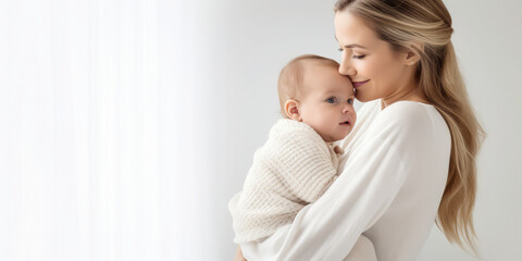 Fototapeta na wymiar Happy mommy holding her newborn kid, copy space